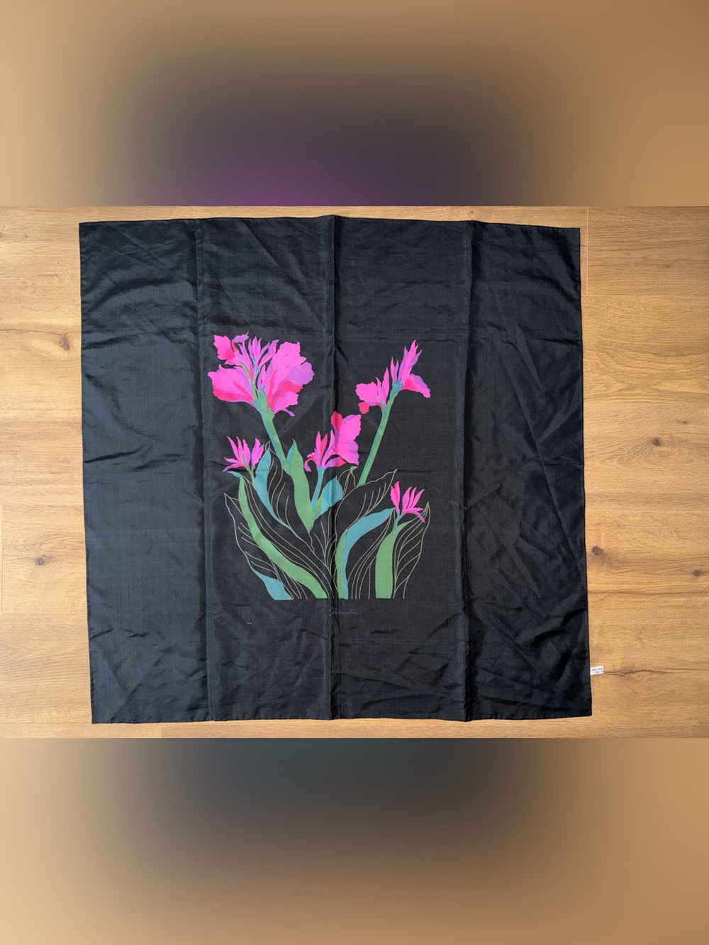 Thai SILK Floral on Black Scarf with Pink & Green Botanical Print LARGE